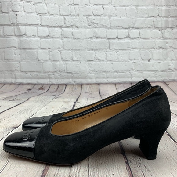 Salvatore Ferragamo Suede Patent Square Toe Heels